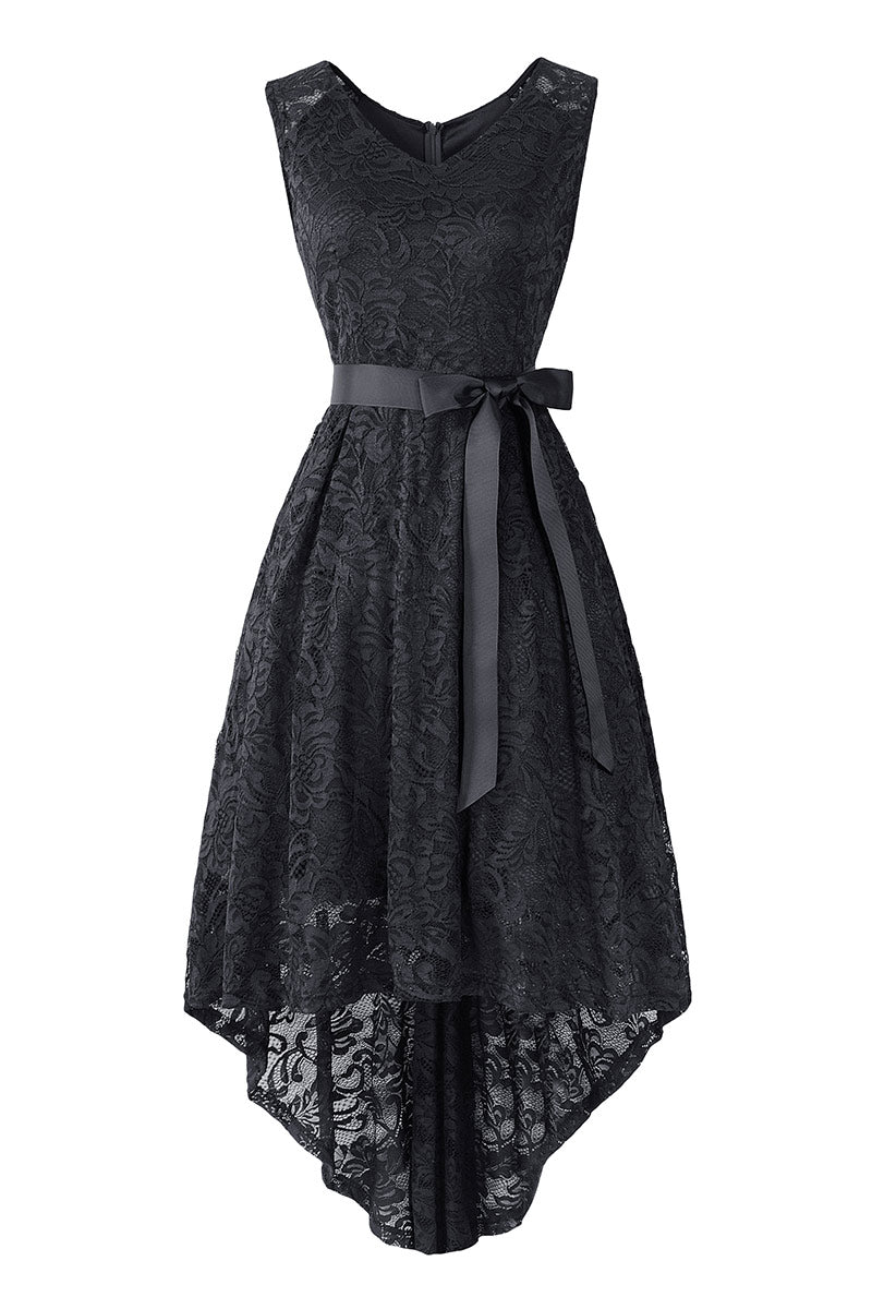 Dark Navy Knot Front High Low Lace Prom Dress - Fashionpara