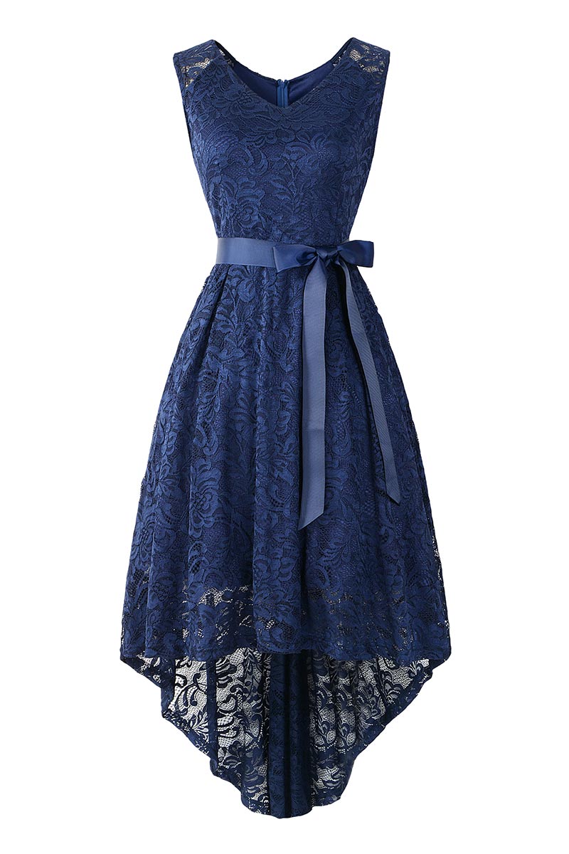 Dark Navy Knot Front High Low Lace Prom Dress - Fashionpara