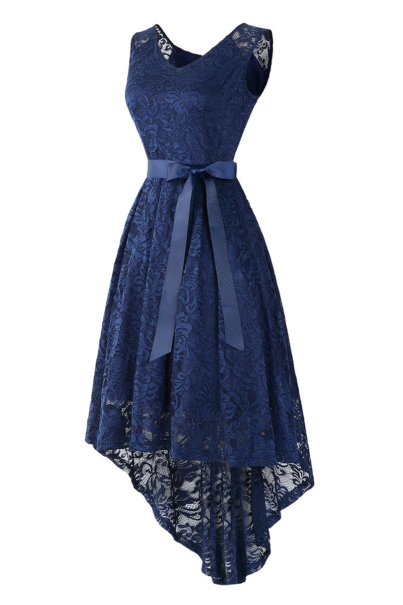 Dark Navy Knot Front High Low Lace Prom Dress - Fashionpara