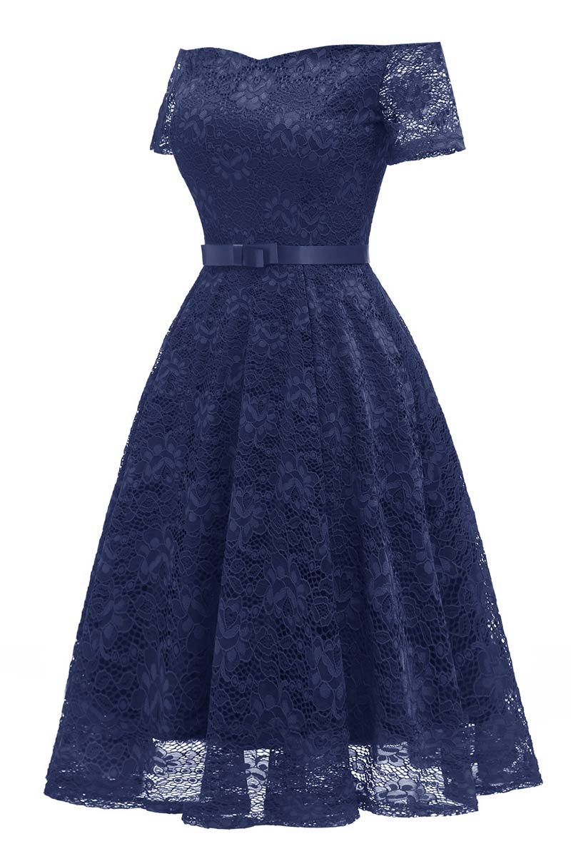 Dark Navy Off-the-shoulder Lace Prom Dress With Sleeves - Fashionpara