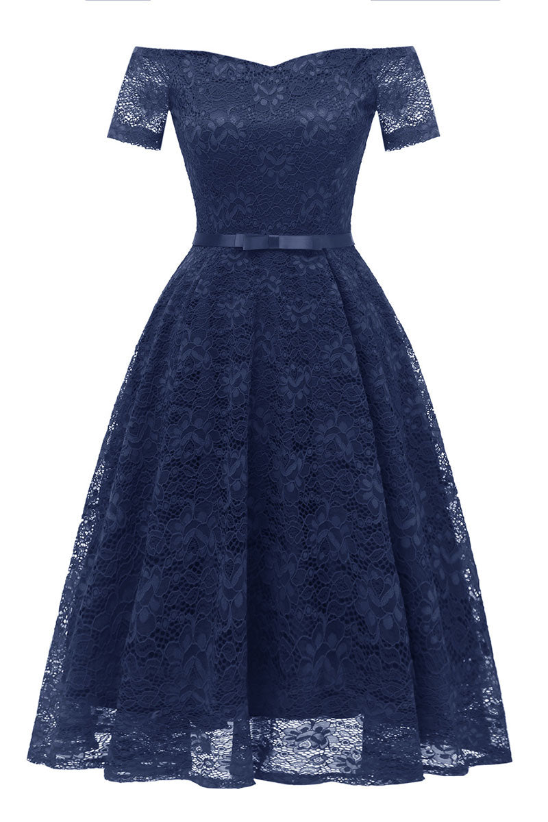 Dark Navy Off-the-shoulder Lace Prom Dress With Sleeves - Fashionpara