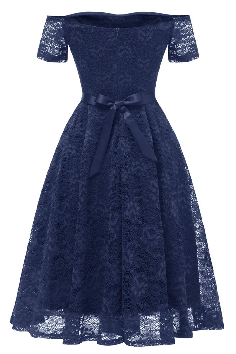 Dark Navy Off-the-shoulder Lace Prom Dress With Sleeves