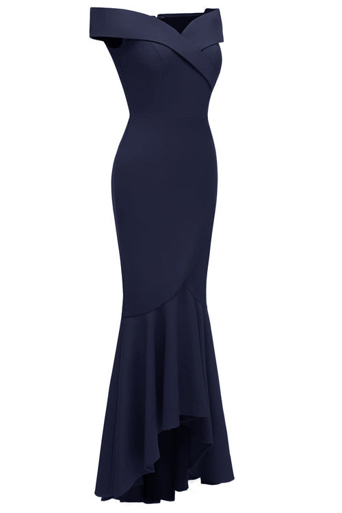 Dark Navy Off-the-shoulder Ruffled Prom Dress - Fashionpara