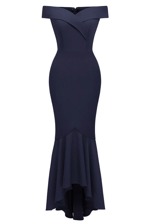 Dark Navy Off-the-shoulder Ruffled Prom Dress - Fashionpara