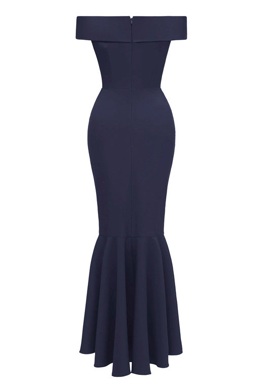 Dark Navy Off-the-shoulder Ruffled Prom Dress - Fashionpara