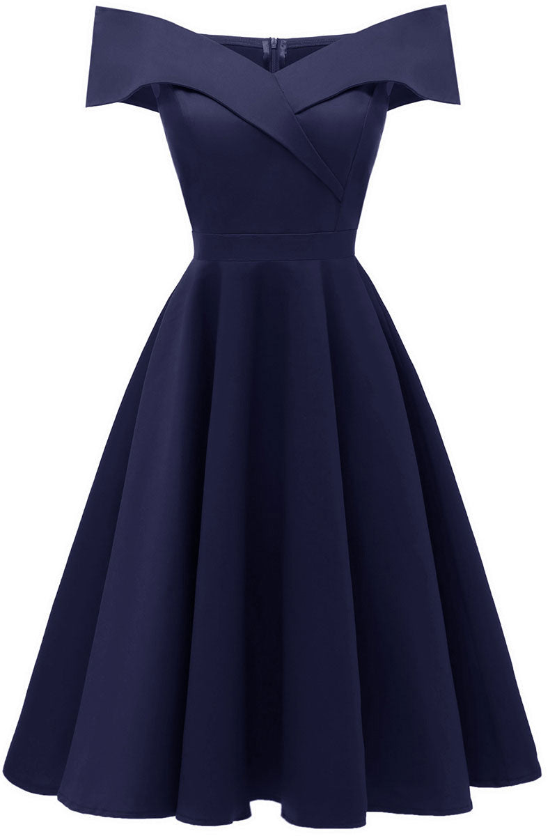 Dark Navy Off-the-shoulder A-line Party Prom Dress