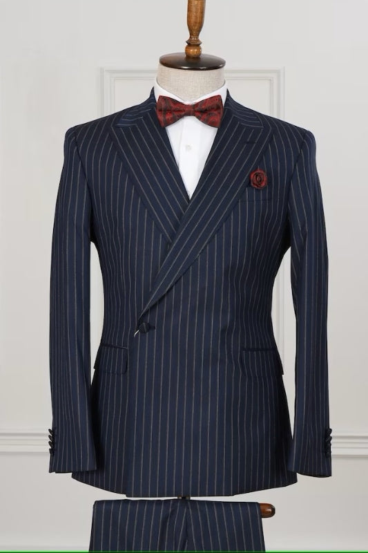 Dark Navy Peaked Lapel Striped Business Suit