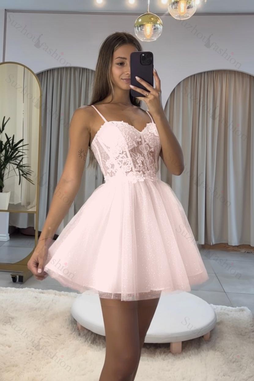 Dark Navy Spaghetti Strap Sleeveless Short A-Line Homecoming Dress With Appliques