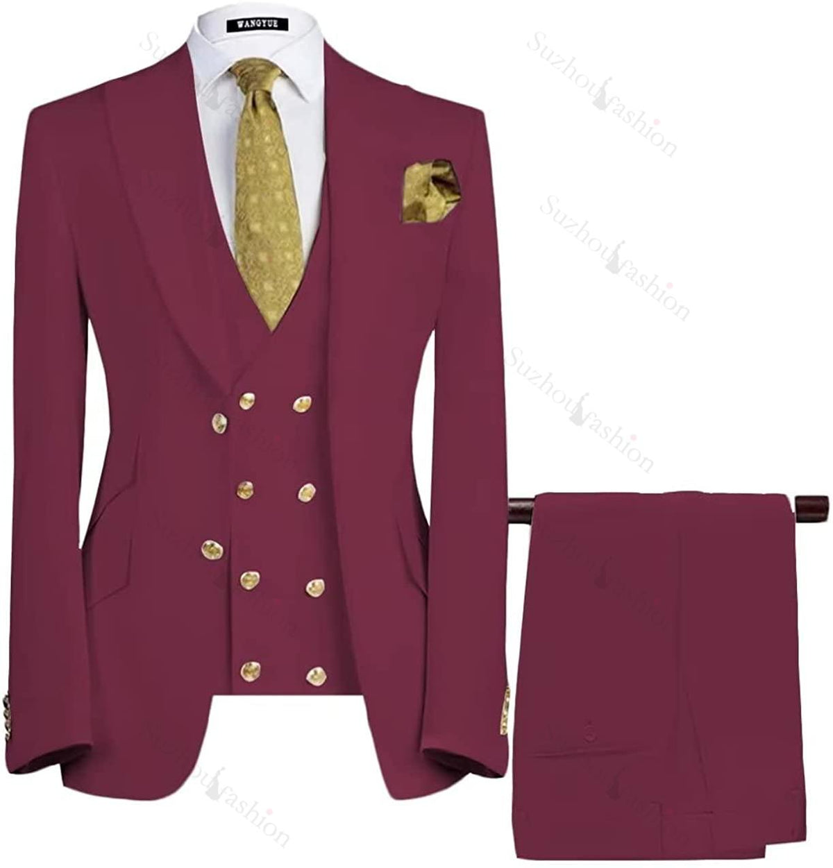 Dark Red Three Piece Peaked Lapel Prom Suit