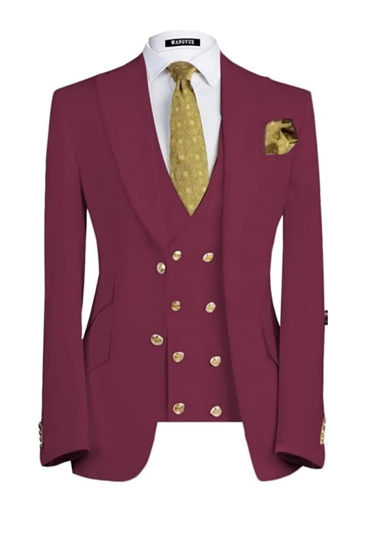 Dark Red Three Piece Peaked Lapel Prom Suit