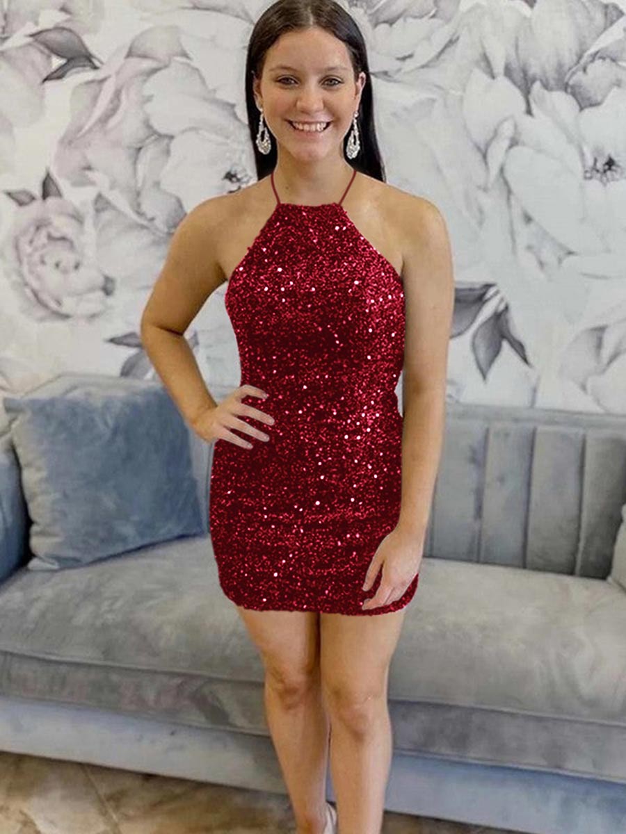 Sequin Halter Backless Short Homecoming Dress
