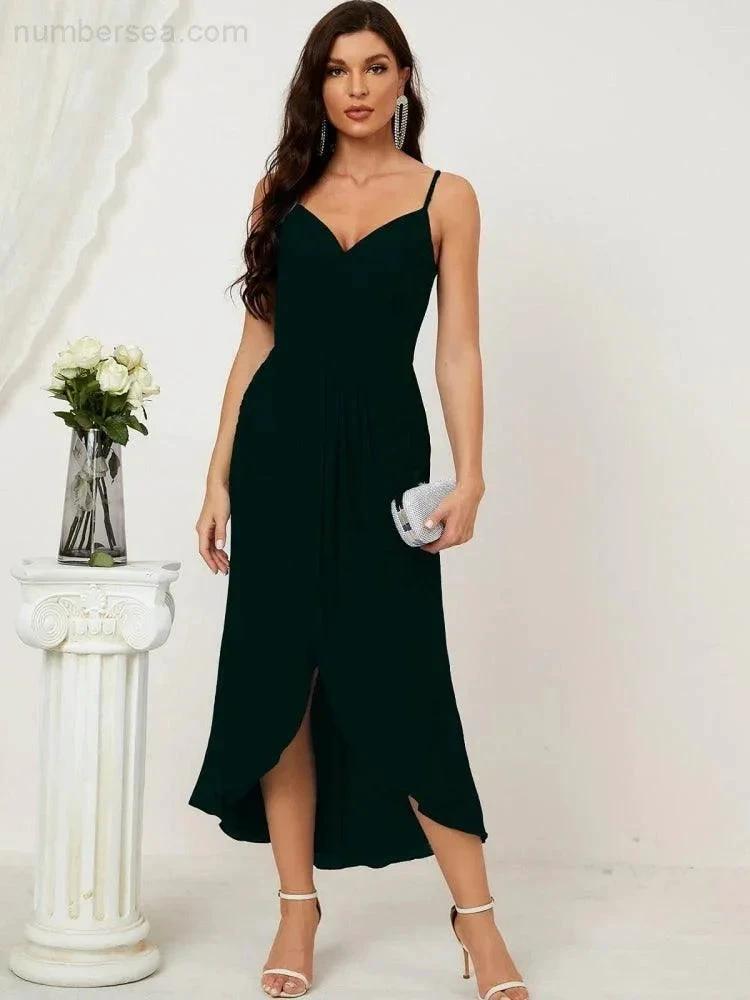 ZapDress Spaghetti Chiffon V Neck Bridesmaid Dress Mid-Length Slit Formal Prom Dress Homecoming Dress 2803 (ZD16952)