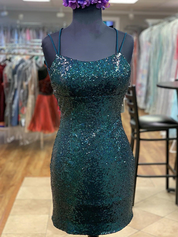 Spaghetti Straps Sequin Fitted Short Homecoming Party Dress