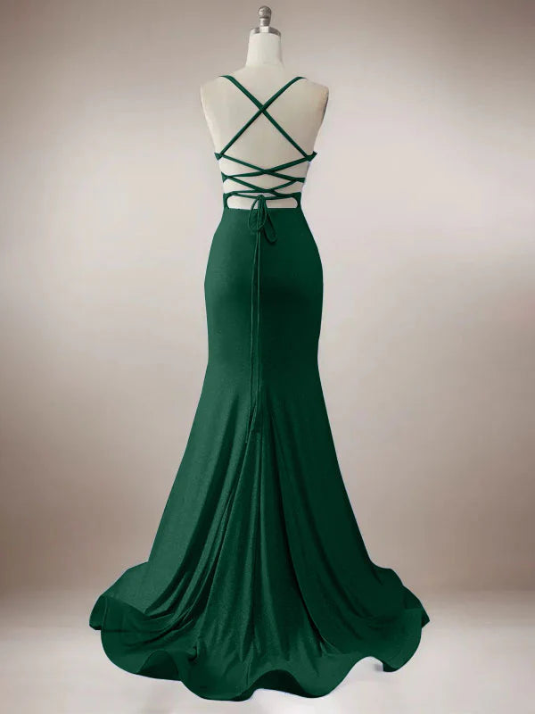 Sparkly Dark Green Mermaid Spaghetti Straps Long Prom Dress with Slit
