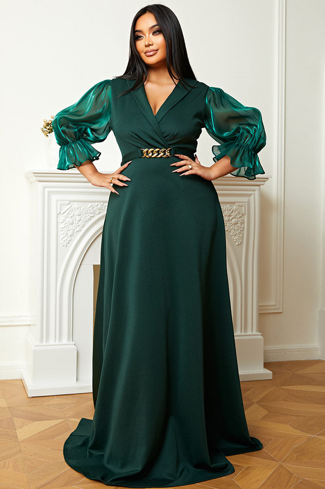 Plus Size Dark Green A-Line Plunging Formal Prom Dresses - Fashionpara