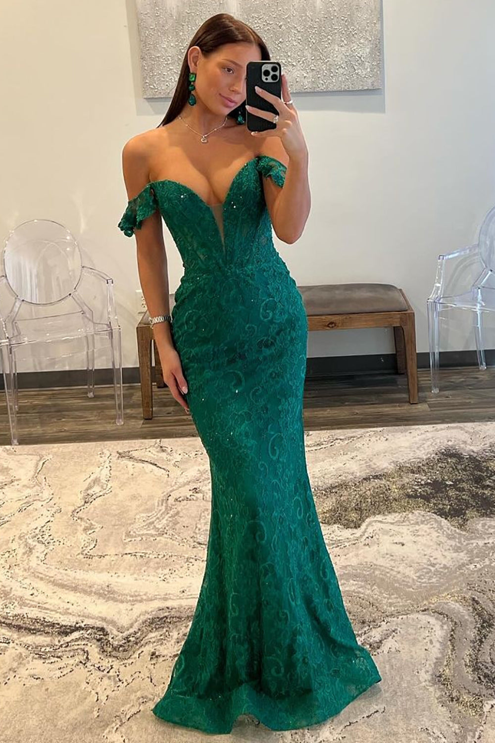 Dark Green Sequin Off-the-Shoulder Mermaid Sweep Train Prom Dress - FashionDia