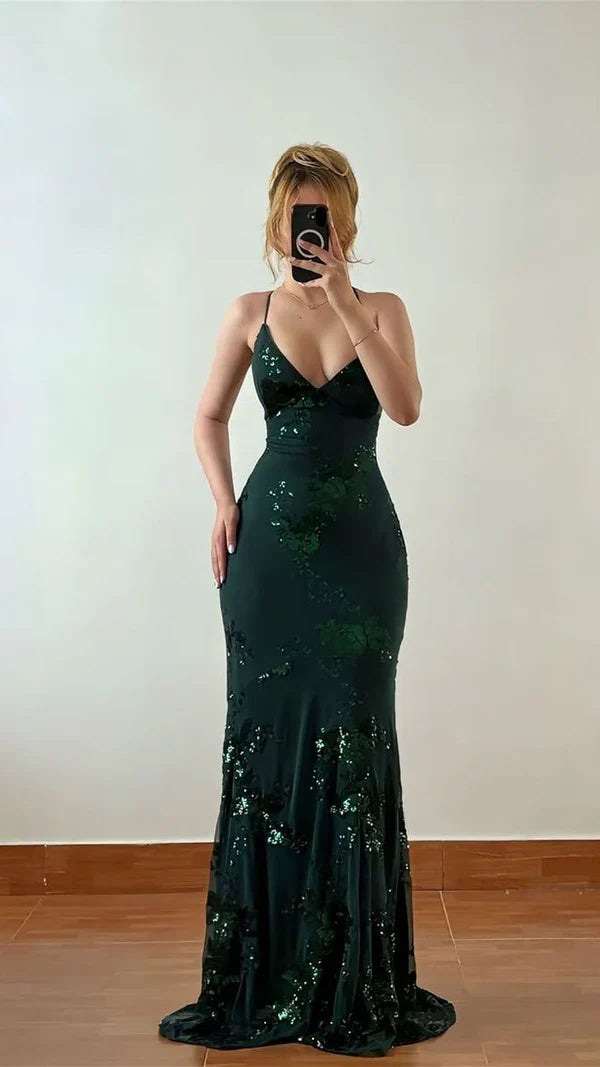 Dark Green Spaghetti-Straps Prom Dress Mermaid Lace-Up Back Evening Dress