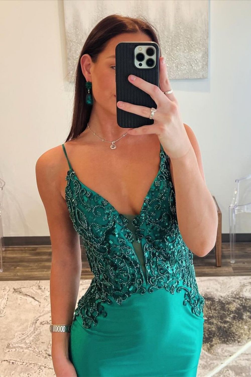Satin Dark Green Spaghetti Straps Mermaid Open Back Prom Dress With Beading - View 3 | FashionDia
