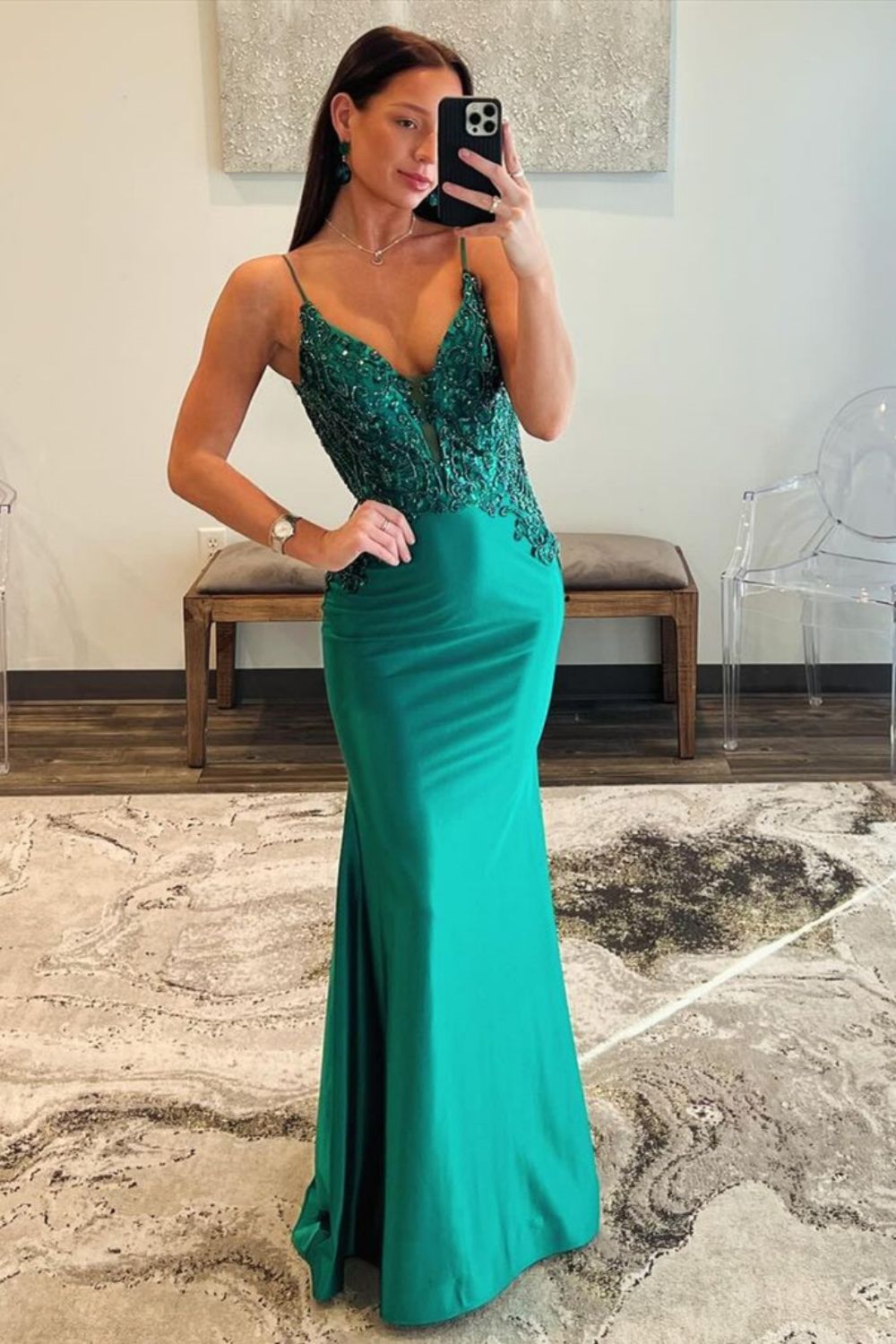 Satin Dark Green Spaghetti Straps Mermaid Open Back Prom Dress With Beading - View 4 | FashionDia