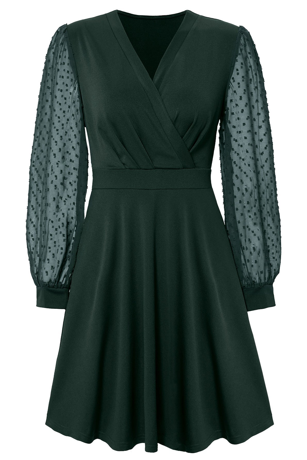 Dark Green V-Neck Long Sleeve A-Line Dress - Fashionpara