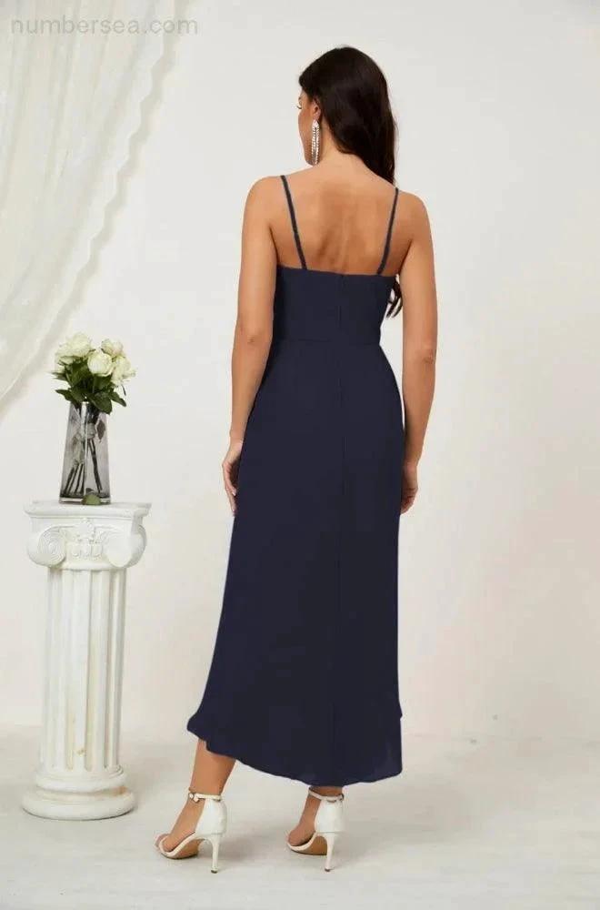 ZapDress Spaghetti Chiffon V Neck Bridesmaid Dress Mid-Length Slit Formal Prom Dress Homecoming Dress 2803 (ZD16952)