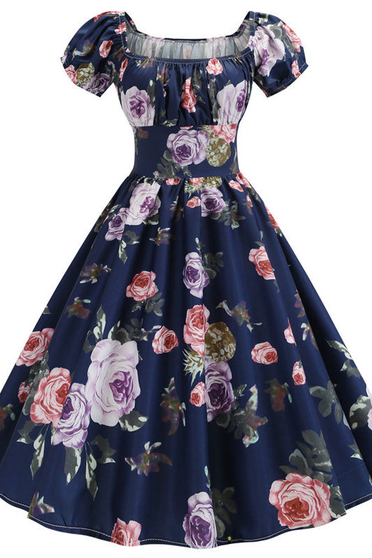 Dark Navy A-Line Print Swing Dresses - Fashionpara