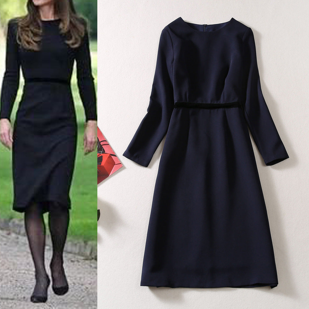 Kate Middleton Inspired Dark Navy Long Sleeve Knee Length Dress - Fashionpara