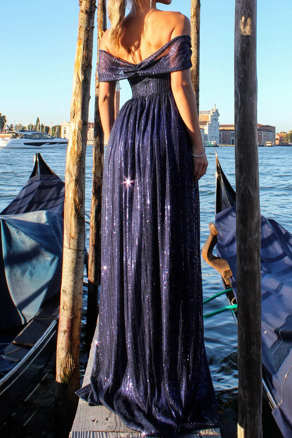 Dark Navy Off Shoulder High Split Prom Gown Evening Dress - Fashionpara