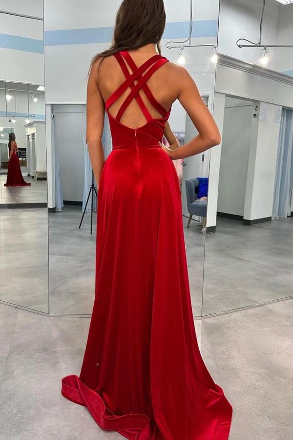 Velvet A-line V-neck Rhinestone Straps Prom Dresses With Slit - View 2 | VelvetHem
