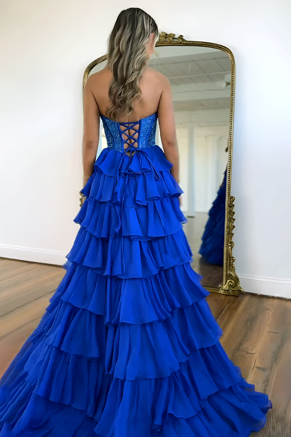 Stunning Strapless A-Line Sparkly Long Layered Chiffon Prom Dress With Slit