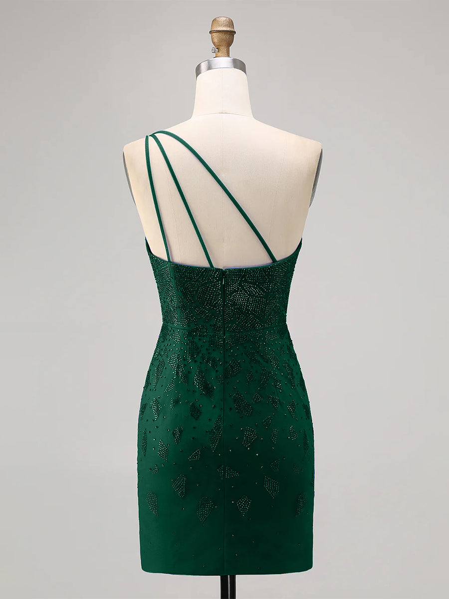 Bodycon One Shoulder Beaded Homecoming Dress with Slit