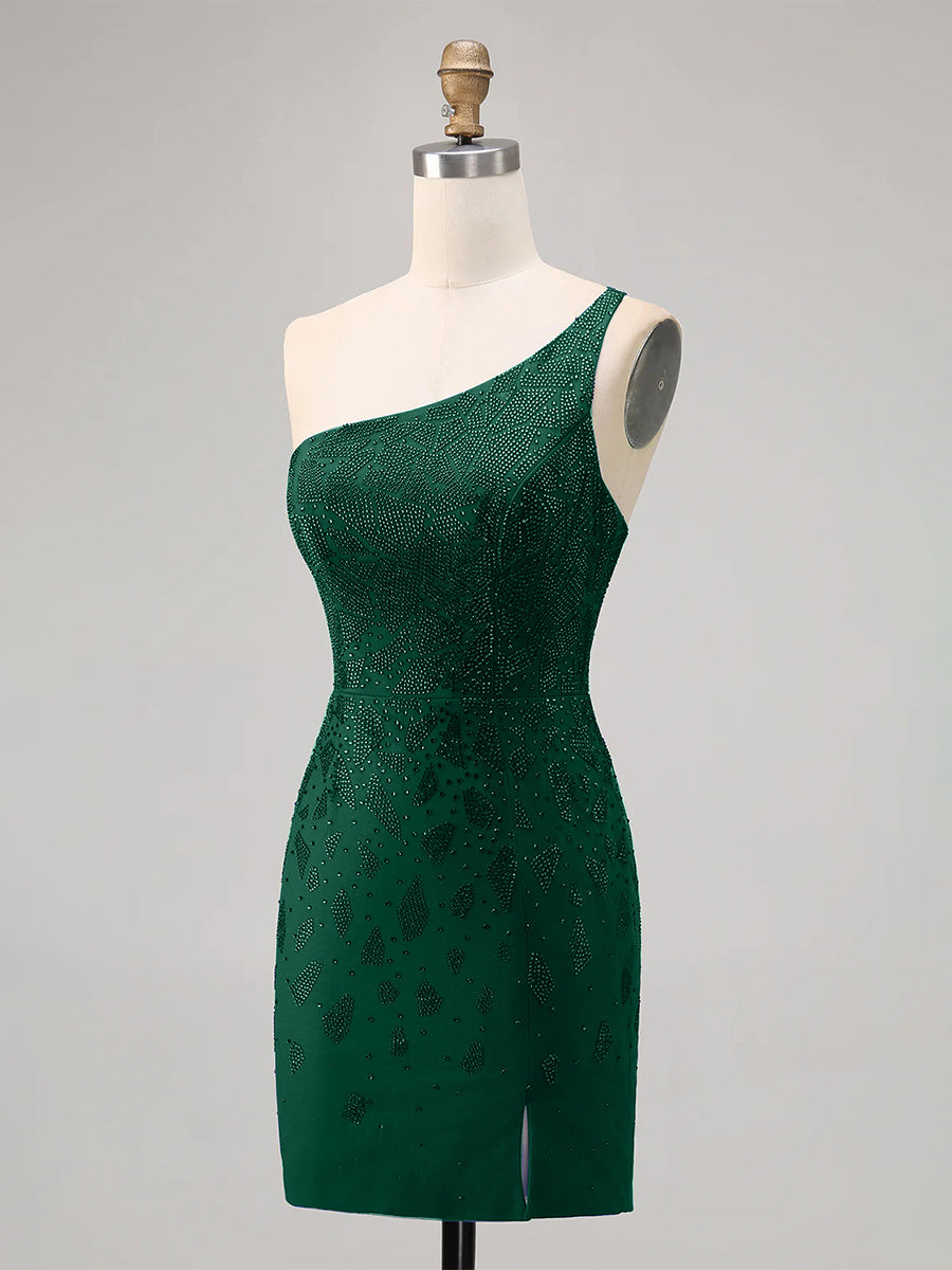 Bodycon One Shoulder Beaded Homecoming Dress with Slit
