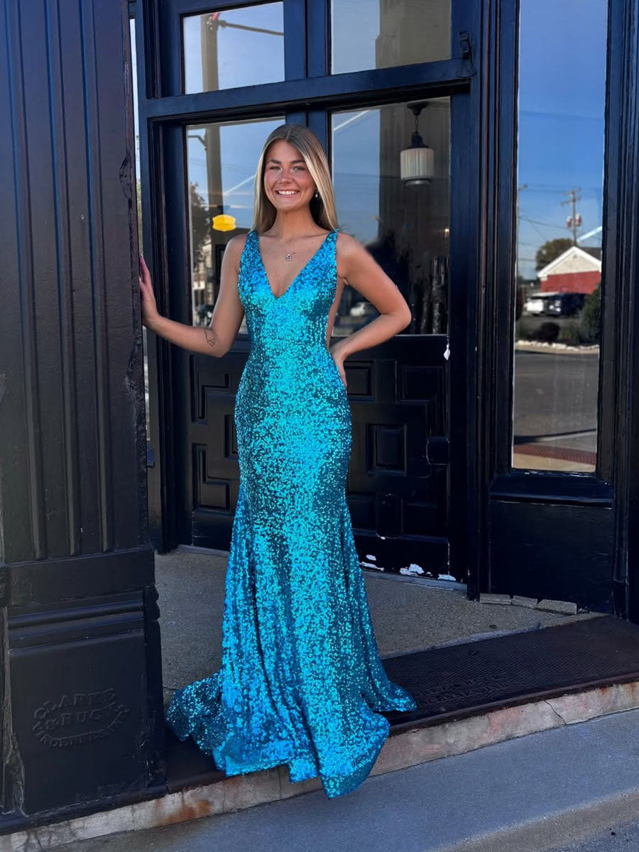 Dazzling Plunging V-Neck Sequin Mermaid Prom Dress - FashionDia
