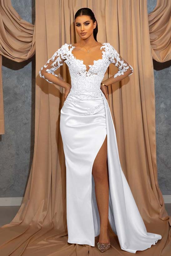 Deep V Neck Beads Long Sleeves Lace Appliques Pleated Evening Formal Dress With Ruffled