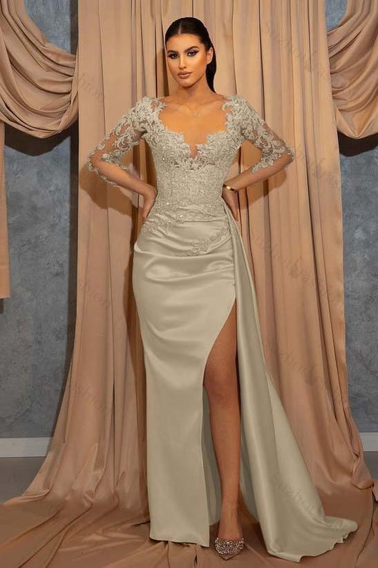 Deep V Neck Beads Long Sleeves Lace Appliques Pleated Evening Formal Dress With Ruffled
