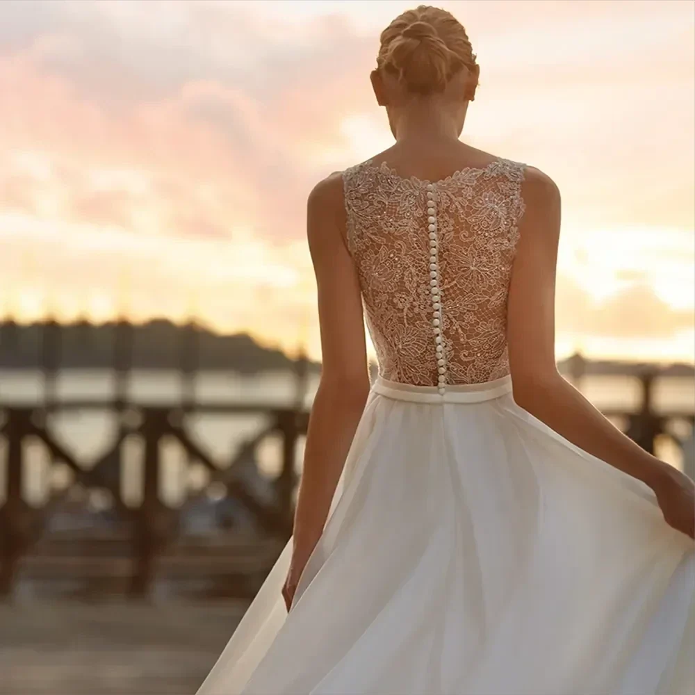 Deep V Neck Chiffon Beach Wedding Dress Elegant Illusion Back Lace Bridal Gowns White Evening Gowns Vestidos De Novia (ZD14090)