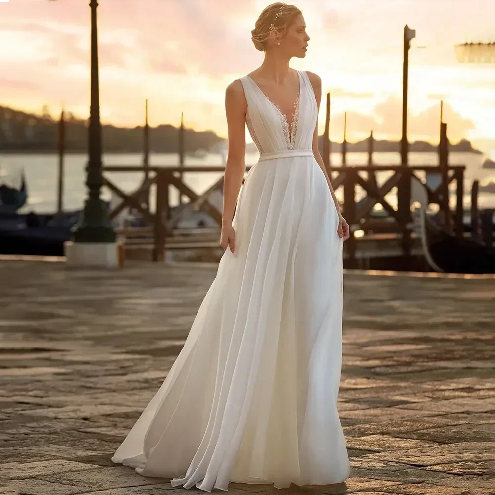 Deep V Neck Chiffon Beach Wedding Dress Elegant Illusion Back Lace Bridal Gowns White Evening Gowns Vestidos De Novia (ZD14090)