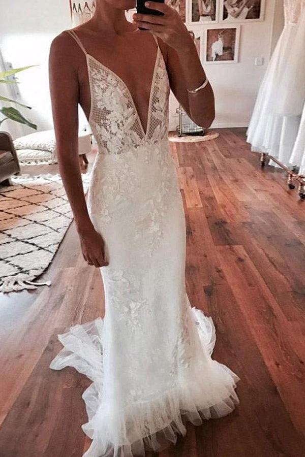 Deep V-Neck Mermaid Ivory Backless Lace Wedding Dress (ZD16197)