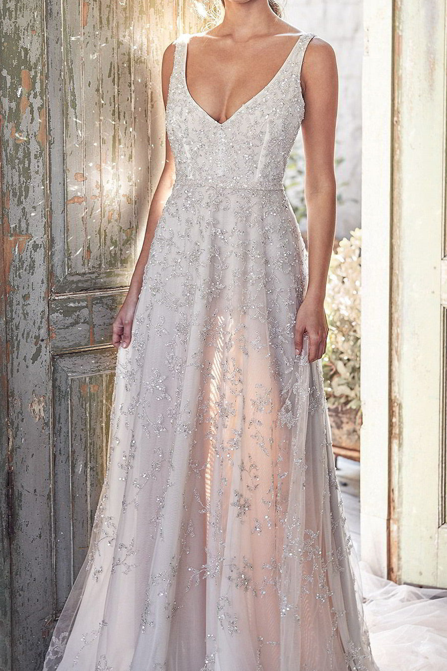 Deep V-neck Sleeveless  Sequins Prom Dress - Fashionpara