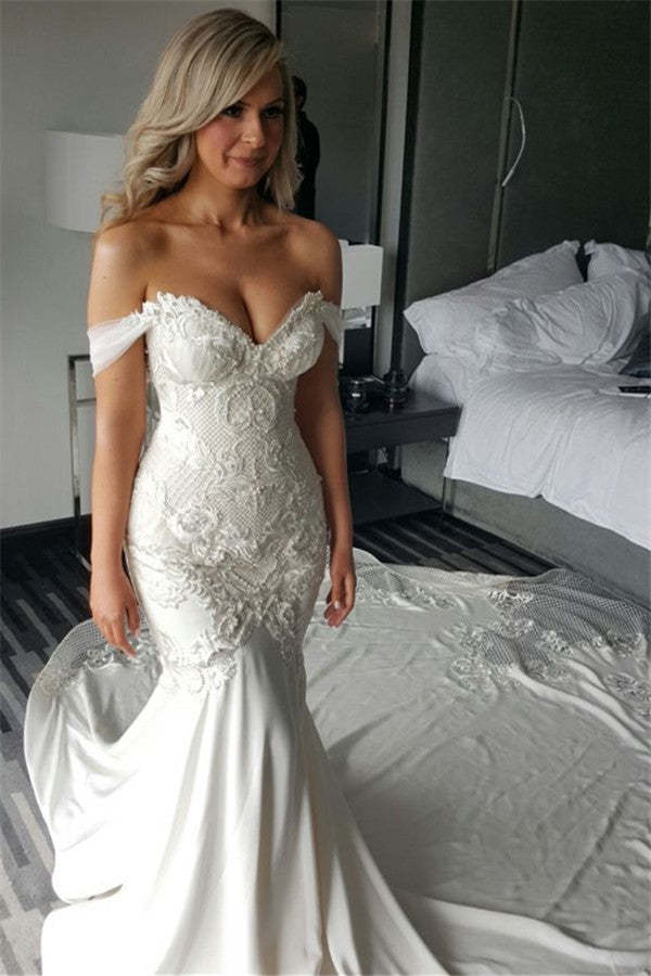 Delicate Lace-Appliques Mermaid Off-the-shoulder Train Wedding Dress