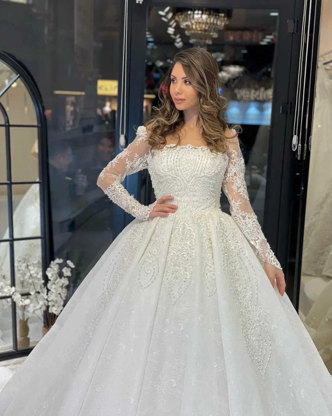 Deluxe Floor Length Long Sleeves A-Line Lace Wedding Dress with Ruffles (ZD14798)