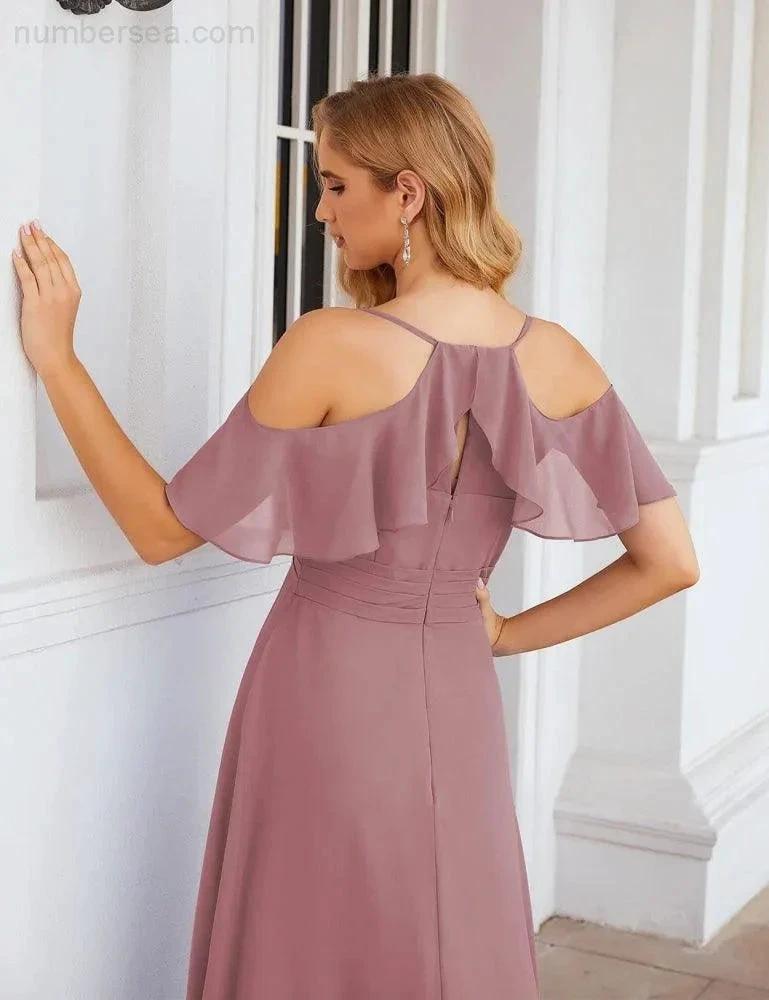 ZapDress Chiffon Cold Shoulder Long Bridesmaid Dresses Plus Size Formal Prom Gowns for Women Party Wedding (ZD17005)