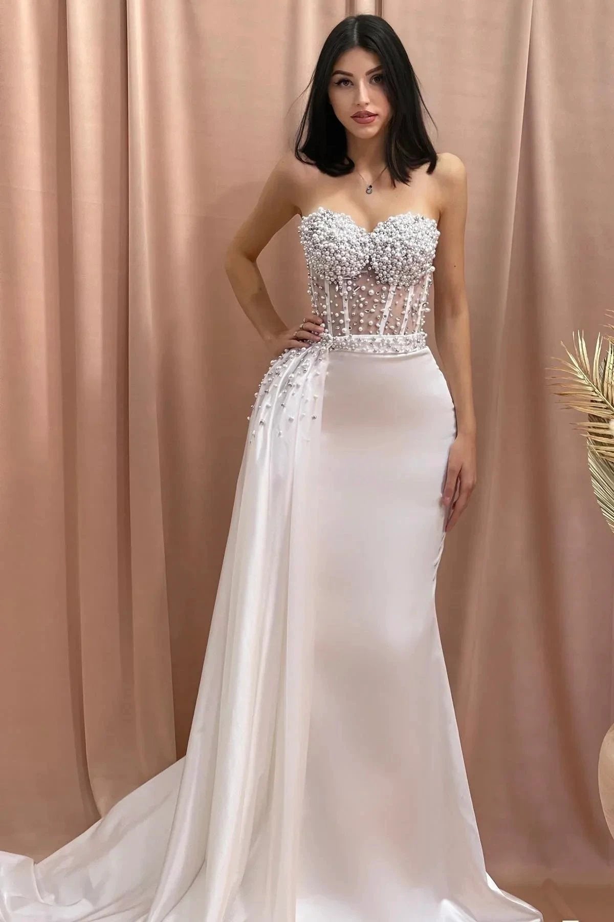 Designer Column Sweetheart Sleeveless Beading Tulle Satin Wedding Dress (ZD15555)