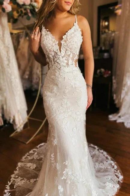 Designer Long Mermaid Spaghetti Straps V-neck Backless Wedding Dress (ZD15600)