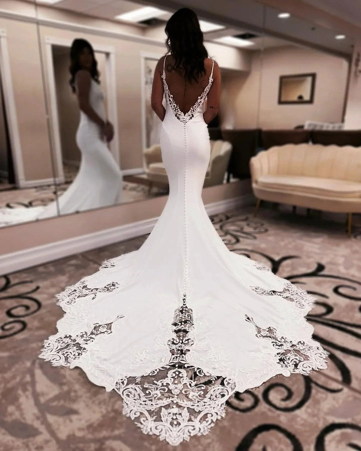 Designer Mermaid Spaghetti Straps Sleeveless Appliques Satin Lace Openback Train Wedding Dresses (ZD15556)