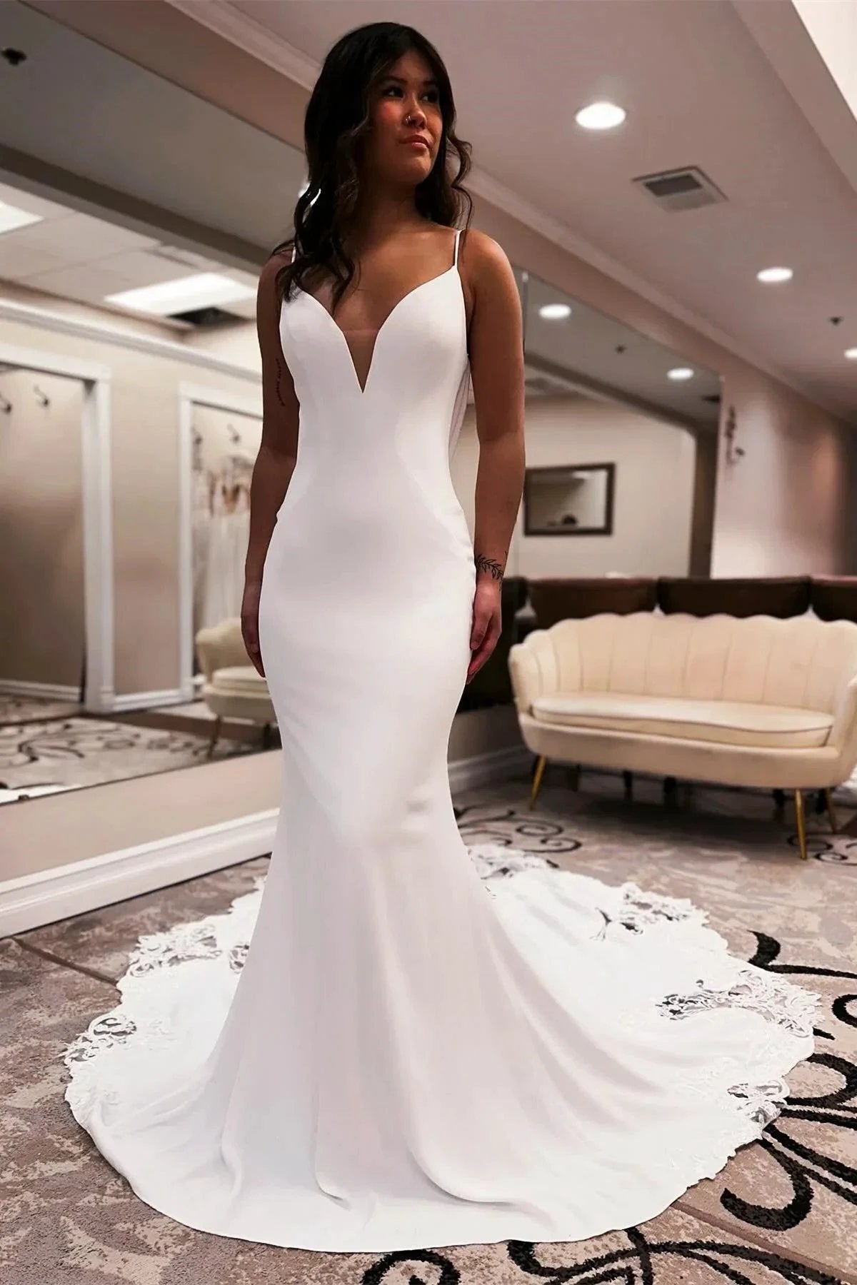 Designer Mermaid Spaghetti Straps Sleeveless Appliques Satin Lace Openback Train Wedding Dresses (ZD15556)