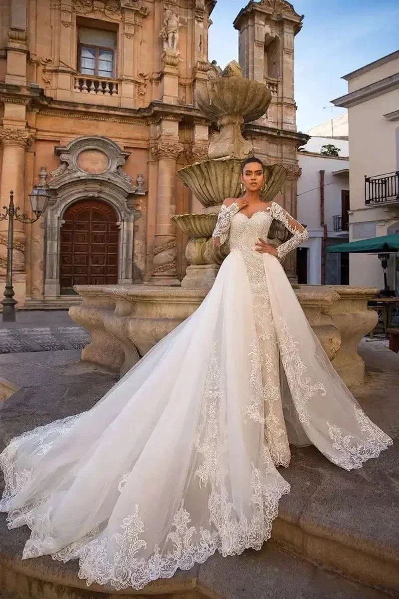 Detachable Train Mermaid Long Sleeves Wedding Dresses Lace Robe De Mariée Vestido De Noiva (ZD14025)