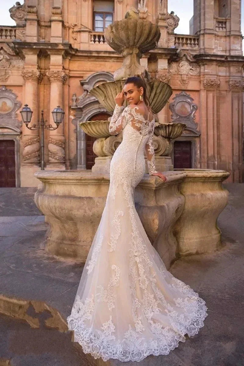 Detachable Train Mermaid Long Sleeves Wedding Dresses Lace Robe De Mariée Vestido De Noiva (ZD14025)
