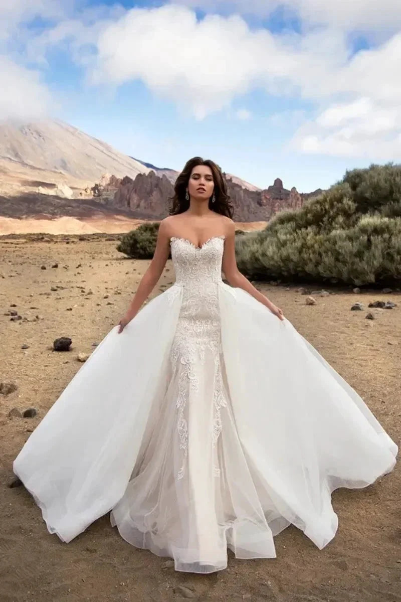 Detachable Train Mermaid Vestidos De Novia Appliques Vestido De Noiva Sweetheart Lace Up Wedding Dresses Lace Robe De Mariée by payinti