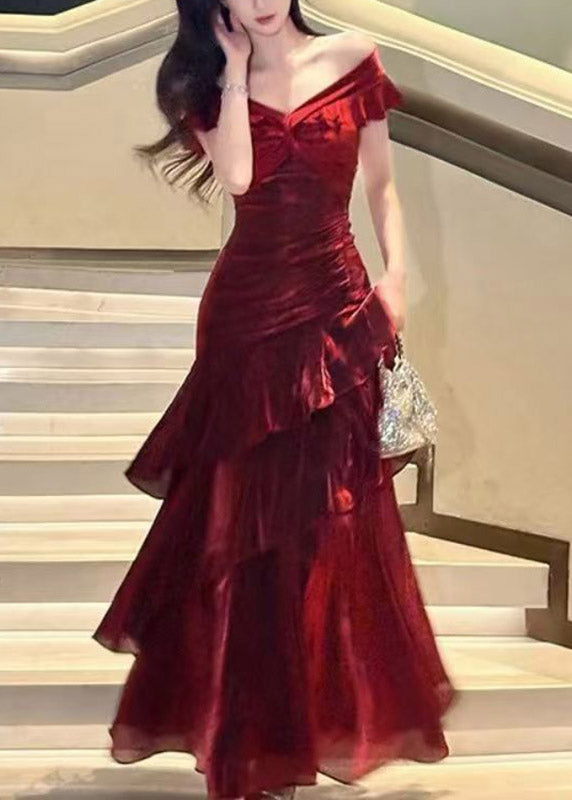 Dinner Mulberry Cold Shoulder Ruffled Maxi DressSummer